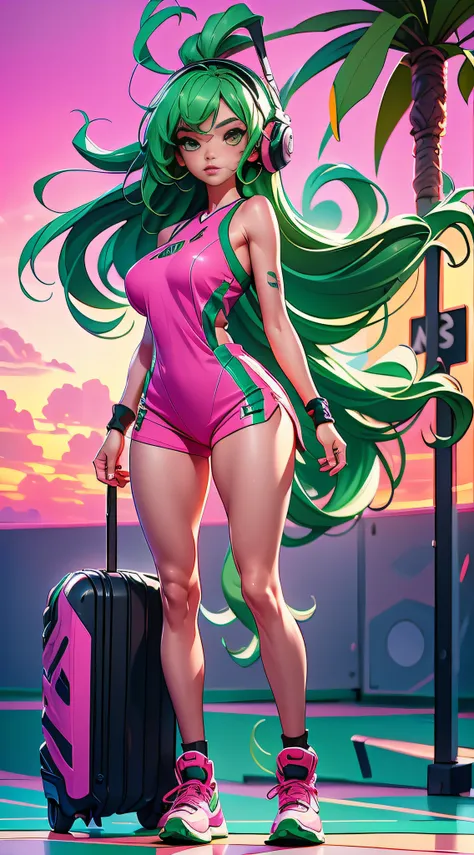 1 girl, green hair, long hair, big headphone, basket ball suit, miami beach, sunset, pink sky, very cloudy, full body shot, very...