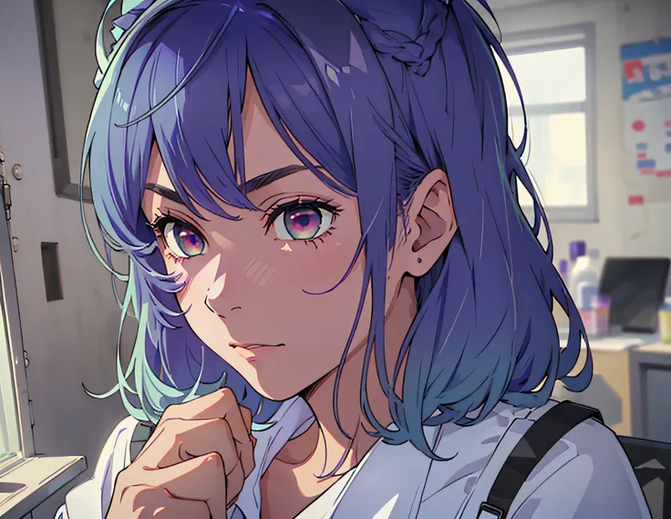 (((1girl))), ((((solo)))), ((messy hairstyle)), standing taking a picture, (((blue-violet hair)), red eyes, soft blouse