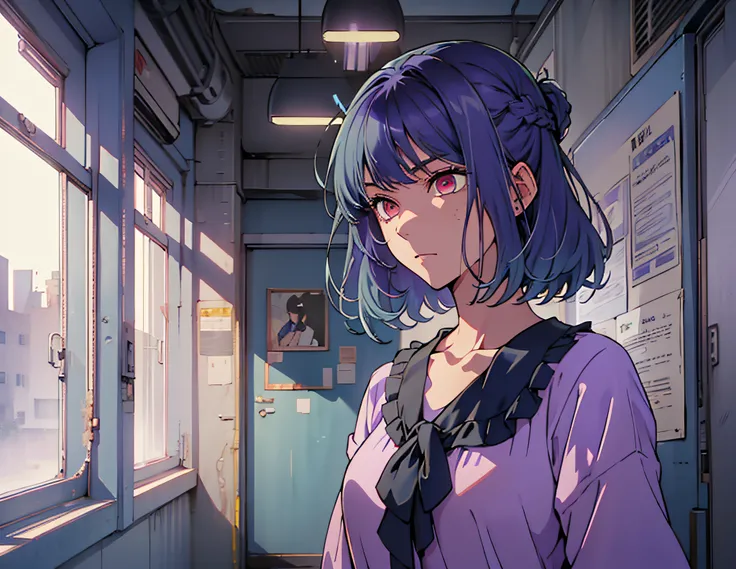 (((1girl))), ((((solo)))), ((messy hairstyle)), standing taking a picture, (((blue-violet hair)), red eyes, soft blouse