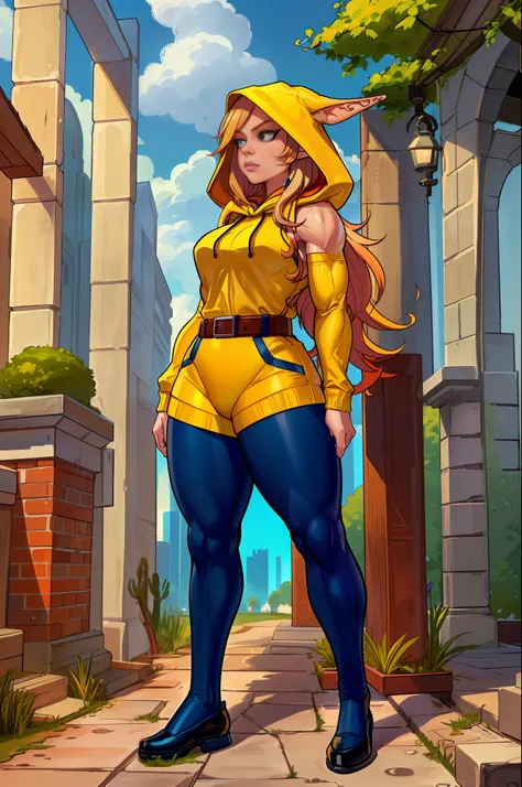 1girl, (((solo)))), bodybuilder, musuclar, hoodie oversized, big ass, strong shoulders, auburn long blonde hair (yellow),masterpiece, best quality, shoes, full body, posing for a photo, beautifully color-coded, socks, scrunchbutt leggings white background,...