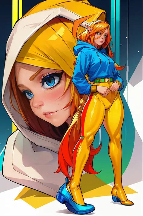 1girl, (((solo)))), bodybuilder, musuclar, hoodie oversized, big ass, strong shoulders, auburn long blonde hair (yellow),masterpiece, best quality, shoes, full body, posing for a photo, beautifully color-coded, socks, scrunchbutt leggings white background,...