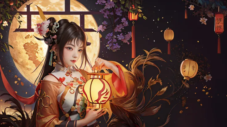 there is a woman holding a box in front of a full moon, girl under lantern, palace ， a girl in hanfu, a beautiful artwork illust...