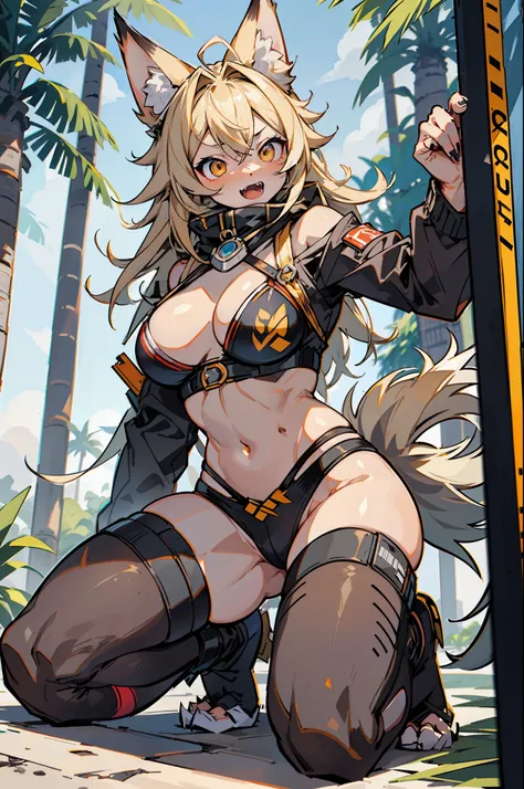 master-piece,hyper quality,hyper detailed,perfect drawing,1 beautiful girl, micro bikini, wolf ears, wolf tail, wolf palm, wolf paws, wolf fingers, sharp claws, sharp fangs, eyes aiming at prey, brown and blond mesh, sharp eyes, fluffy, height 175cm, three...