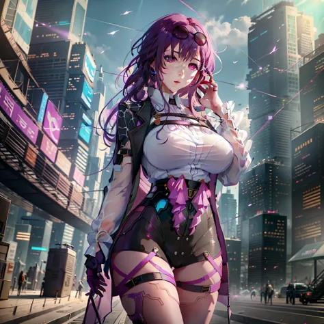 anime girl wearing fully transparent clothes, masterpiece, best quality, purple hair, purple eyes, sunglasses, light, reality, p...