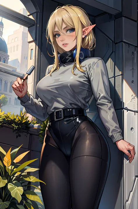 masterpiece, best quality, agrias, gray sweater, black mesh, standing, looking at the viewer, blonde hair, elf ear, large breast...