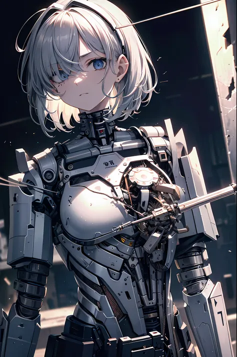 Top quality, masterpiece, super detailed, very delicate 8k wallpaper, dramatic lighting, mechanical girl, gray hair, broken headgear, (broken exoskeleton suit), mechanical joints, broken mechanical limbs, angry, cracked armor, (one eye is torn off: 1.3), (...
