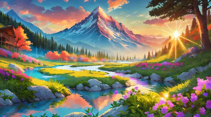 (best illumination, best shadow), scenic anime landscape, beautiful nature scenery, breathtaking view, majestic mountains, lush ...