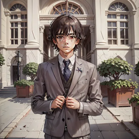 a boy in a suit stands in front of a leading university looking into camera