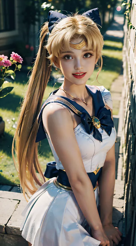 Best Quality, Masterpiece, Ultra High Resolution, (Realisticity: 4), Original Photo, 16K, 1girl, Bare Shoulder, ((Sailor Moon Sailor Moon Sailor Moon: 2)), Flowers, Smile, Blonde hair, twin tail,
charming eyes