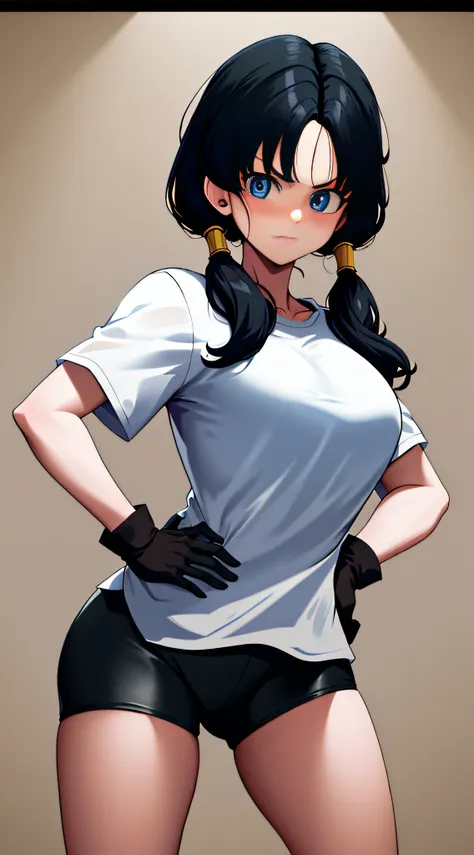 masterpiece, best quality, highres, videl2, solo, blue eyes, black hair, twintails, black gloves, bike_shorts, bangs, white shir...