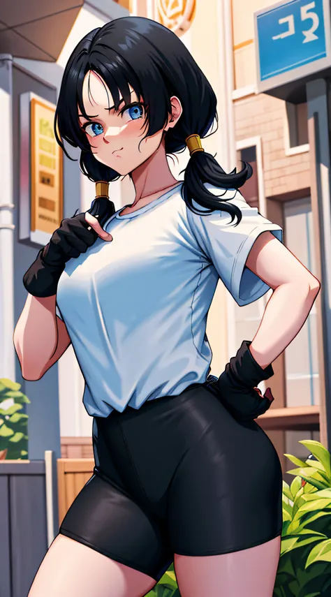 masterpiece, best quality, highres, videl2, solo, blue eyes, black hair, twintails, black gloves, bike_shorts, bangs, white shir...