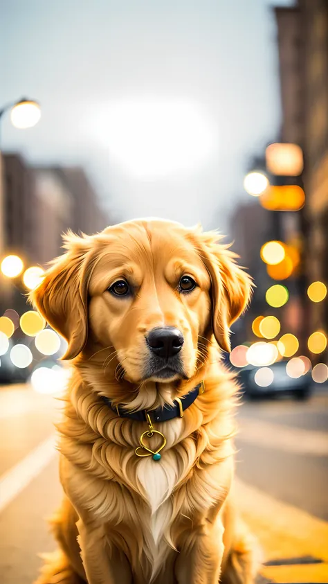 there is a dog on street corner at night, medium and long range portrait shot, golden retriever, wide golden eyes, beautiful dog...