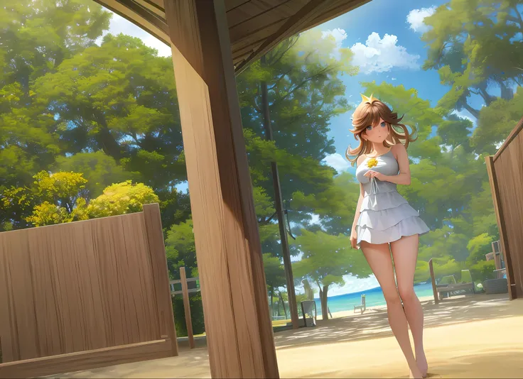 A wide-ranging landscape photo, captured with a stunning view of the beach, with the blue sky and the open countryside of the coastline below. On the golden sand, a girl is standing, barefoot, looking up. The bright sun (1:2) is radiant in the sky, scatter...