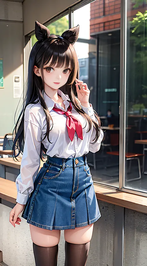 Masterpiece, Superb Piece, 1 Female, Long Hair, Brunette Hair, Blunt Bangs, Bangs, School Uniform, Collar, Ruffled Short Skirt, Denim Photo: P, Tsundere, (1.2), Hair Accessories, Shoes, Classroom, Blackboard,