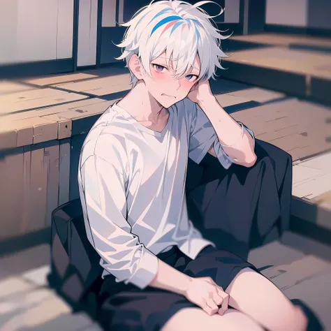 (anime style + soft moe) a cute and weak boy with white hair and a white shirt, he has a sad expression and sits on the ground c...