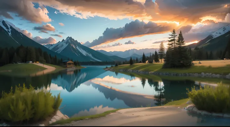 landscape, landscape, sunset, mountains surrounded by lake of mirrors, without human, relaxing, gentle, beautiful, sky, cinema
