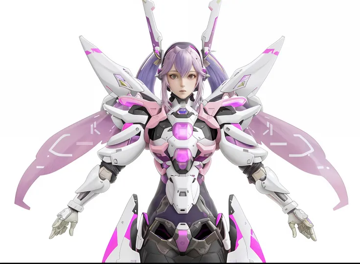 close-up of gradient pink-purple double ponytailed woman, female mech, white futuristic armor, glossy white armor