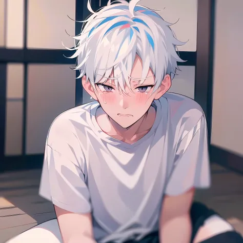 (anime style + soft cute) a cute and weak boy with white hair, wearing a white shirt, with a sad expression, crying and sitting ...