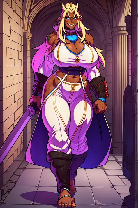 muscle girl,huge breast,, tall female, ,pants, solo focus, 1character, portrait full body,dark skinned female, , vest, coat, walking, medieval clothing, long hair, blond hair,, open mouth smile, revealing cloths, , , berserker, warrior,portrait, full body,...