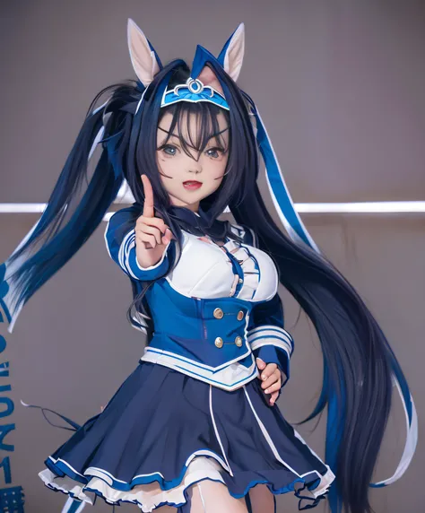 Umamusume, cartoon girl in a blue military dress with long hair and horse ears