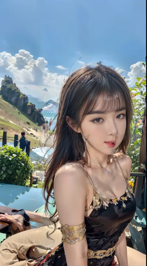 (Best Quality, 8k, 32k, Masterpiece, UHD: 1.2), 1girl, 22 years old, (short and medium dark brown hair), double eyelids, (cocktail dress), (at the top of the mountain: 1.3), sea of clouds, sunshine
