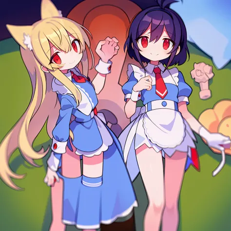 Chibi style, alice, alice in wonderland, standing up, full body, smile, Extending one hand forward
