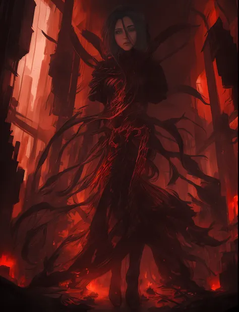 demon woman in a red dress with a long black hair and a long nails, eldritch horror goddess, dungeon & dragon lich, necromancer sorceress, female occultist, eldritch goddess, scary queen of death, evil sorceress, dark sorceress full view, female necromance...