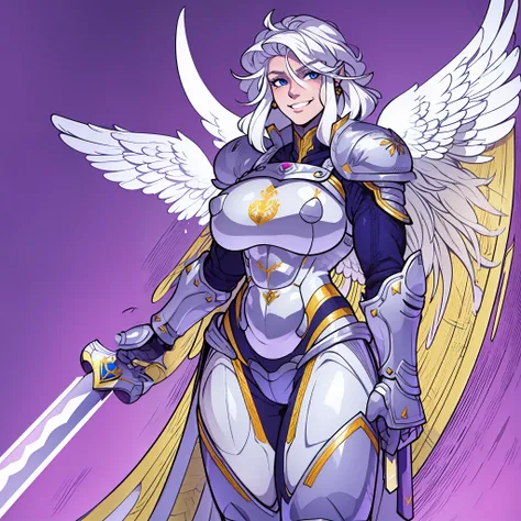 knight, young girl, sword holding , schield holding, angel, silver hair, blue eyes, portrait, 1character, full body, musclegirl ...