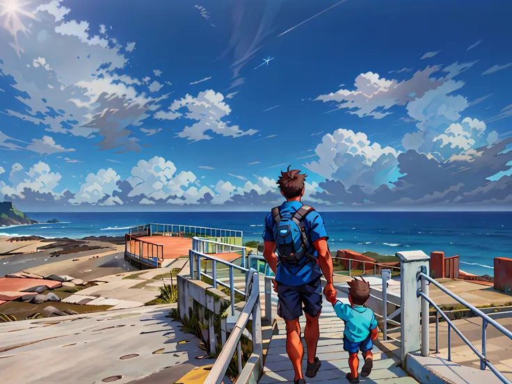 there is a man and a child walking up a ramp, looking at the ocean, looking out at the ocean, looking out over the sea, the ocean in the background, standing beside the ocean, gazing off into the horizon, overlooking the ocean, looking into the horizon, ne...