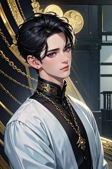 8k wallpaper, super detailed, beautiful, masterpiece, best quality, 1 adult young male, bust painting, black hair, short hair, f...