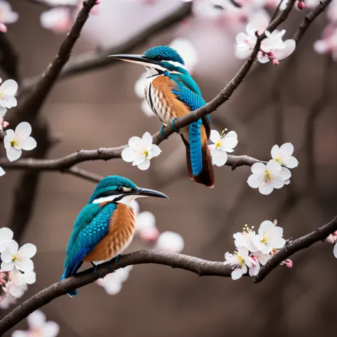 Superb Kingfisher Near White Cherry Blossoms on Branches, Dark, Dawn, (Cold Morning: 1.1), (Morning Dew: 1.15), Realistic Photography, (Low Photo: 1.2), Detail, 8K, Intricate Folded Feathers, Water Droplets on Feathers, (to8contrast style), (MIST: 0.7), Br...
