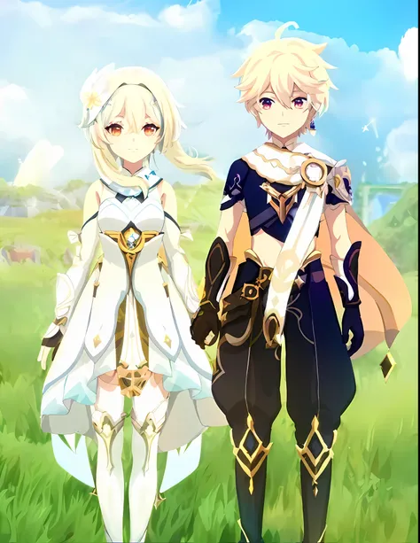 anime characters dressed in white and black standing in a field, genshin, video game genshin impact, golden-white robes, genshin impact character, gold and white robes, sirius a and sirius b, anime in fantasy style, angelic golden armor, intricate white an...