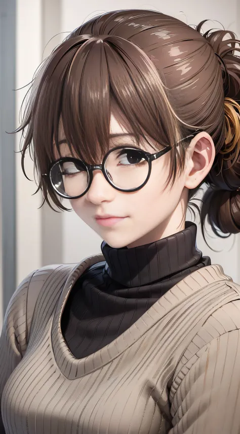 masterpiece, (photorealistic:1.5), best quality, beautiful lighting, 1girl, solo, uguisu_anko, glasses, round eyewear, brown hai...