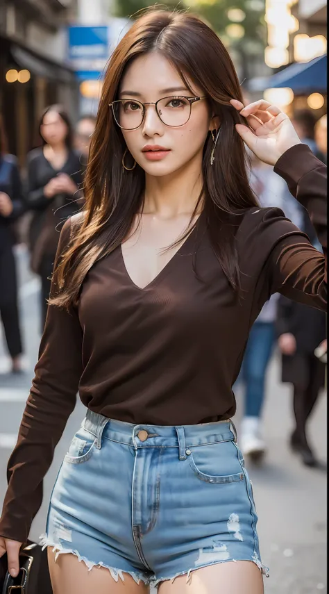 ((Best quality, 8k, Masterpiece :1.3)), Sharp focus :1.2, A pretty woman with glasses, perfect figure :1.4, Slender abs :1.2, ((Dark brown hair, Medium breasts :1.2)), (V neck long sleeves shirt, Cut off shorts :1.1), City street:1.2, Highly detailed face ...