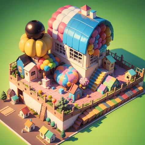 isometric house, (top-down 45-degree perspective), cartoon, candy house, colorful balloons, cute building, huge candy-like signboard, amusement park, blank background, clear structure, correct light and shadow, 3D rendering --auto --s2