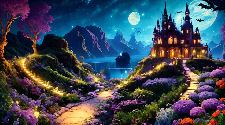 masterpiece,(best quality:1.3),
fantasy_world,dense plants,colorful flowers,Beautiful lake,Night,Halloween,Crow,