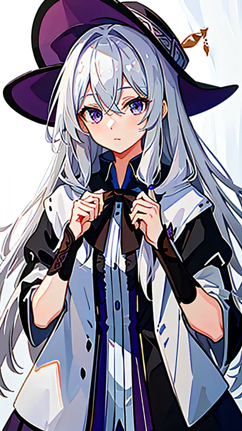 masterpiece, best quality, 1girl, elaina_(majo_no_tabitabi), silver hair, purple eyes, long hair, hat