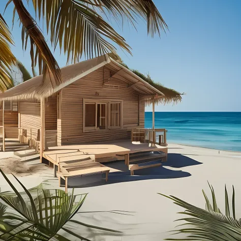 Small wooden house located on a virgin white sand beach. Very intricate image, hyper-detailed, photorealistic, 8k --auto --s2