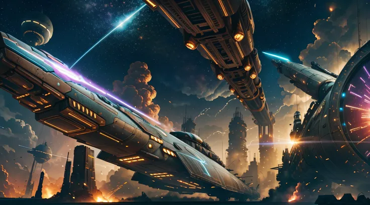 steampunk style, cool tones, cinematic effects, motion photography, time-lapse, Fuji, long exposure, sci-fi style starships, flying starships in battle, flying missiles, tail erupting blue flames, mood lights, surreal sci-fi city in the background, red par...