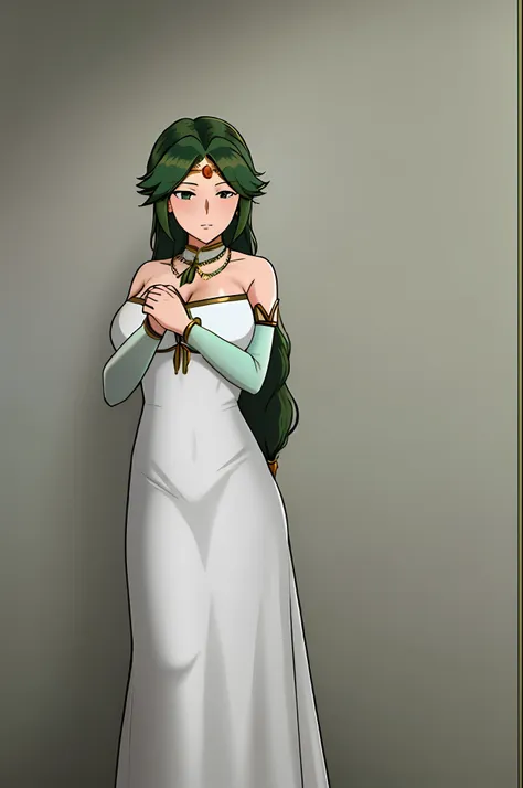 ntrman, masterpiece, best quality, 1girl, solo, mature female, toned,  palutena, green hair, long hair, white dress, dress,