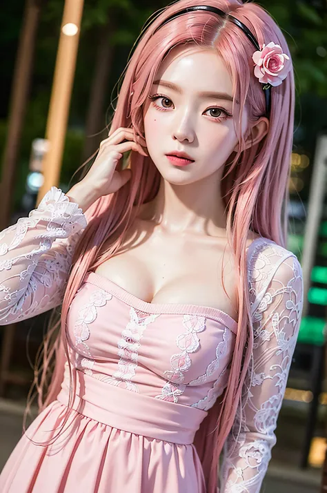 ((very detailed cg)), ((8k)), beautiful maiden, flowers, suit, forest, city night scene, a girl, beautiful face, long pink hair