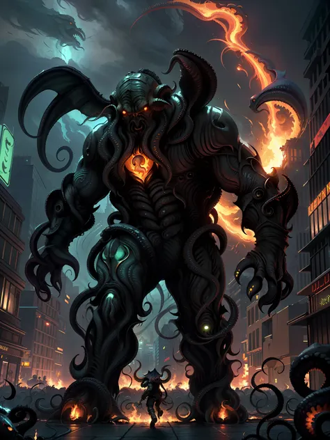 masterpiece, best quality,illustration, (cthulhu), shape man invading city, fire, (battle scene:1.2), many people, huge machines...