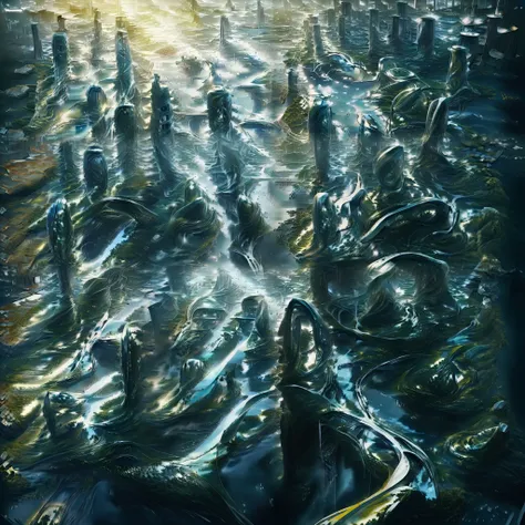 Airbrush drawing --v 5.1 style Futuristic design of an awesome sunny day environment concept art on a futuristic forest terrain with huge waterfalls,streams,sacred grooves, nature architecture, proportional,detailed, blueprint,bright clouds, nature meets f...