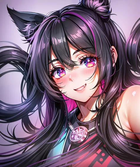 black hair, hair bobbles, wince, longeyelashes, solid circle eyes, fake animal ears, light smile, ear blush, fang, multicolored ...