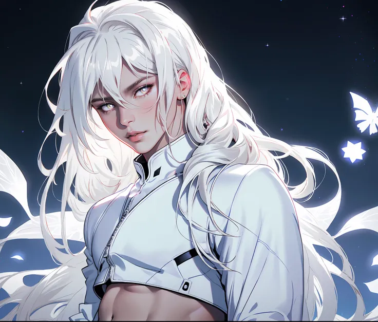 masterpiece, highest quality, (perfect face:1.1), (high detail:1.1), angel,vampire with long voluminous Ivory white hair, soft hair, neon white eyes, solo ,1guy, long hair, white luxury suit, Roses, snowflakes, moon, detailed background, realistic, covered...