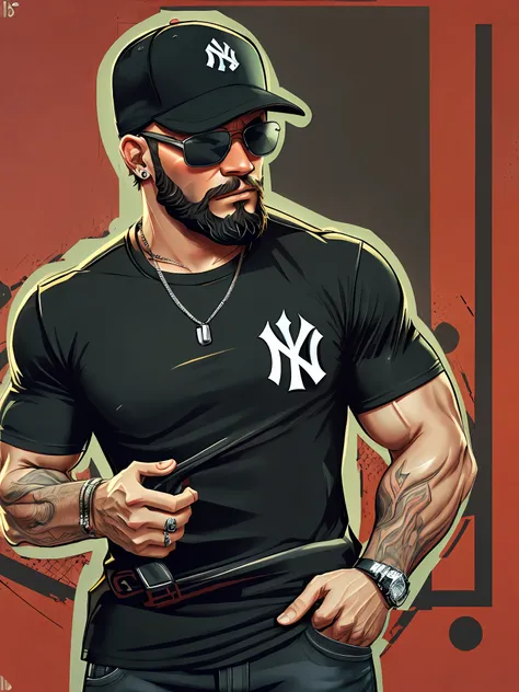 men, sunglasses, black new york yankees hat, black t-shirt, beard, muscles, hip hop, gta5
