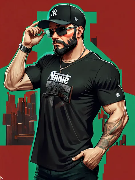 men, sunglasses, black new york yankees hat, black t-shirt, beard, muscles, hip hop, gta5