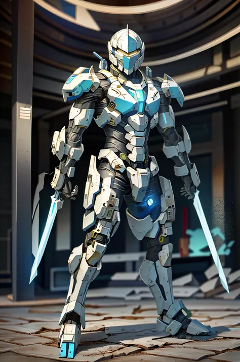 cyborg,a man,mecha，blue laser sword combat with glowing eyes