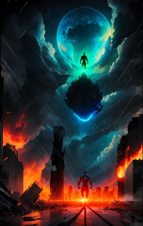 Superman kneeling on the ground, raining, while hes alone in the middle of a chaotic cityscape. His bony protrusions and dark suit stand out against the destruction he has caused, and the fiery background adds to the intensity of the moment. Art by Salvado...