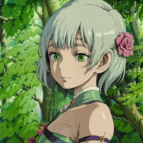 ghibli studio style, noelle_\(genshin_impact\), 1girl,(green_eyes:1.2//),silver hair, short_hair, medium_breasts, rose, red_flow...